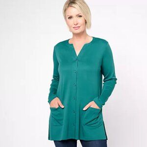 Isaac Mizrahi Essentials Large Bayberry Green Pima Cotton Button Front Cardigan